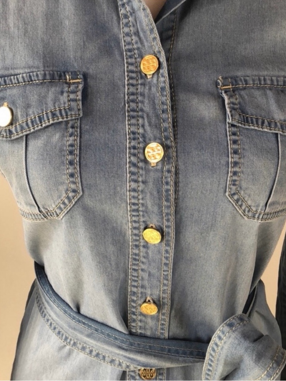 Tory Butch stretch Denim Shirt Dress with Belt - Picture 3 of 8